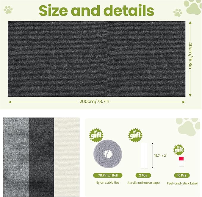 Cat Scratch Couch Furniture Protector, 78.7" x 15.8" Cat Scratcher Pad Deterrent from Cats Claws Scratching, DIY Sisal Carpet Cat Proof Couch Cover Replacement for Indoor Sofa, Wall, Door, Dark Grey