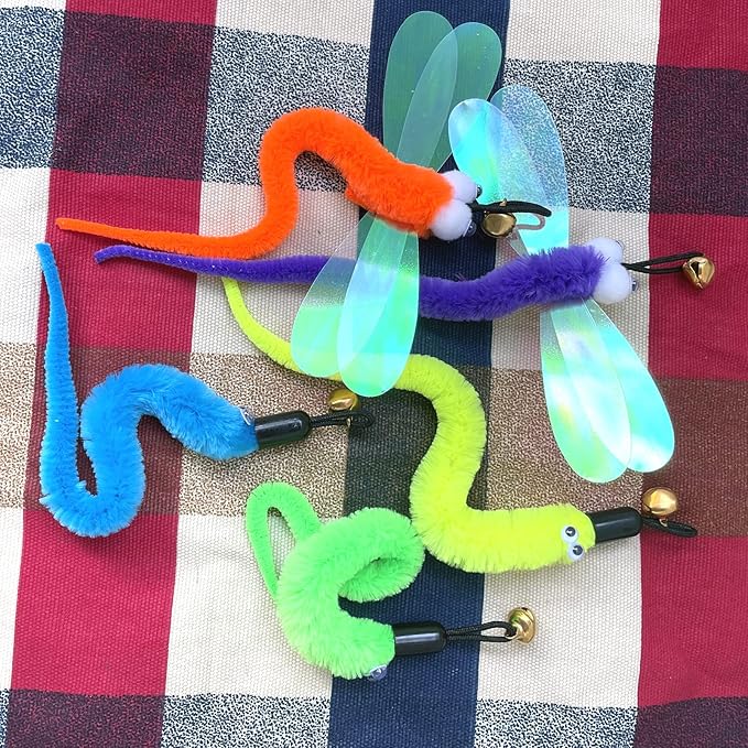 AcceLeah Cat Toy Fishing Pole Attachments Wand Refills, Refills Cat Fishing Pole Toy attachments Dragonfly Worm Refill for Cat Indoor Toy (11Pcs（Feathers+Dragonfly+Worm）