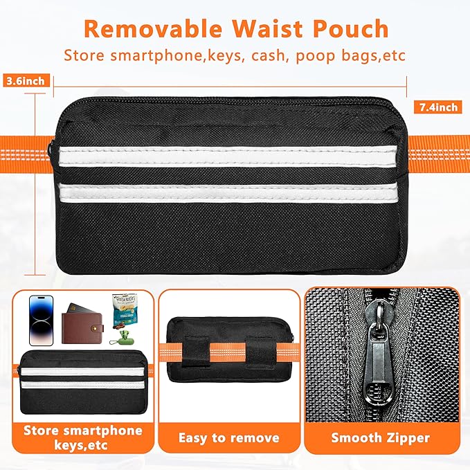 Hands Free Dog Leash with Zipper Pouch, Running Waist Leash for Dog Walking, Adjustable Waist Belt for Large Dogs, Reflective Bungee Design with Two Handle for Hiking, Training, Orange