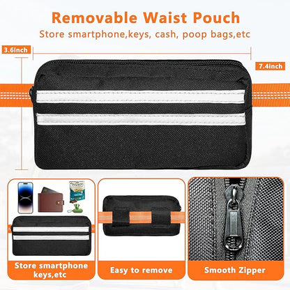 Hands Free Dog Leash with Zipper Pouch, Running Waist Leash for Dog Walking, Adjustable Waist Belt for Large Dogs, Reflective Bungee Design with Two Handle for Hiking, Training, Orange