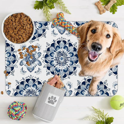 Mandala Flower Dog Food Mat for Floors,Blue Boho Floral Absorbent Quick-Dry Pet Feeding Mat,Cat Dog Bowl Mats for Food and Water,Non-Slip Pet Accessories Supplies 16"x24"