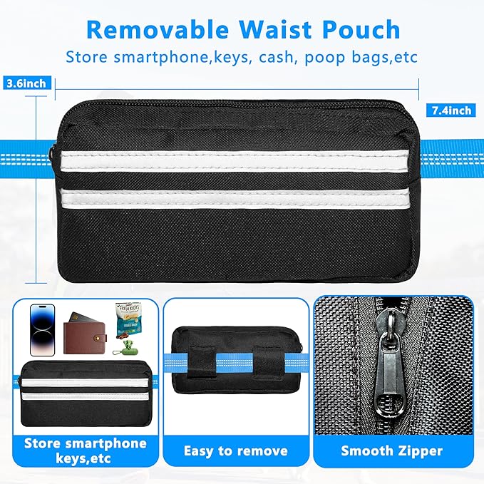 Hands Free Dog Leash with Zipper Pouch, Running Waist Leash for Dog Walking, Adjustable Waist Belt for Large Dogs, Reflective Bungee Design with Two Handle for Hiking, Training, Sky Blue