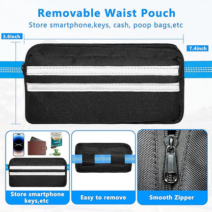 Hands Free Dog Leash with Zipper Pouch, Running Waist Leash for Dog Walking, Adjustable Waist Belt for Large Dogs, Reflective Bungee Design with Two Handle for Hiking, Training, Sky Blue