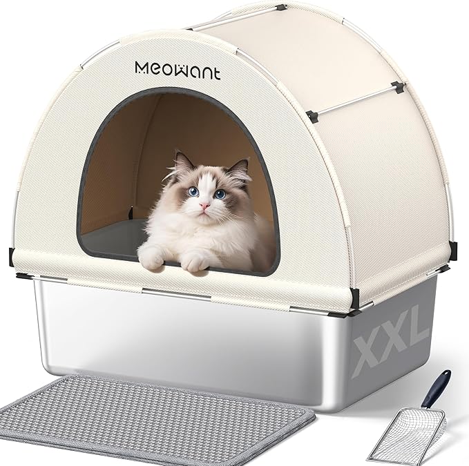 Meowant Stainless Steel Cat Litter Box with Lid, Extra Large Metal Litter Box with DIY Oxford Fabric Cover, Anti-Leakage & Non-Sticky, Odor Control, Easy Cleaning, Includes Litter Mat & Metal Scoop