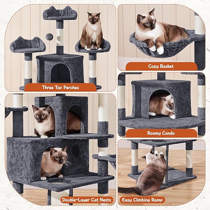 Yaheetech 76.5in Multi-Level Large Cat Tree, Big Cat Tower with 3 Condos, Cozy Plush Perches, 9 Sisal Scratching Posts and Ladder, Activity Center for Large Kitties, Dark Gray