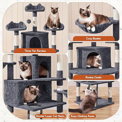 Yaheetech 76.5in Multi-Level Large Cat Tree, Big Cat Tower with 3 Condos, Cozy Plush Perches, 9 Sisal Scratching Posts and Ladder, Activity Center for Large Kitties, Dark Gray
