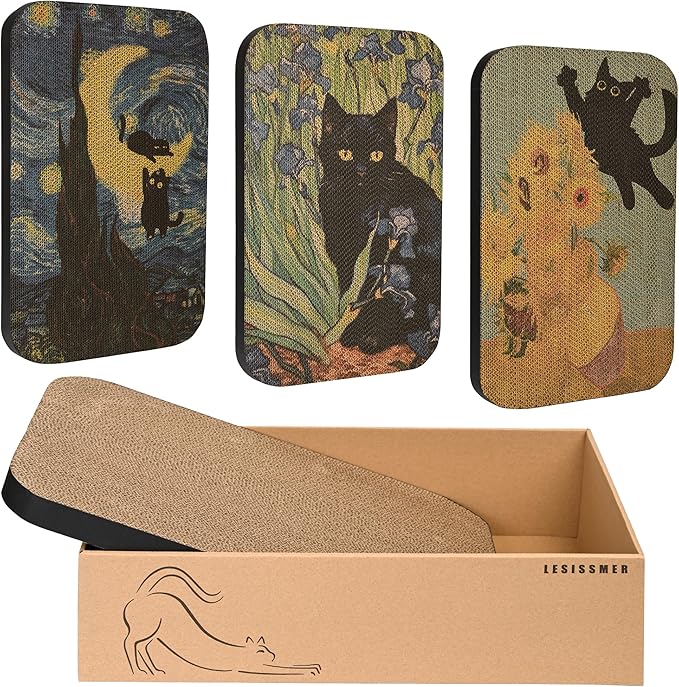 Art Cat Scratcher, 3 Packs Wall-Mountable Art Cat Scratching Board with Box, Cat Wall Scratcher, Cat Scratch Pad, Cardboard Cat Scratchers for Indoor Cats Toy Furniture Protector