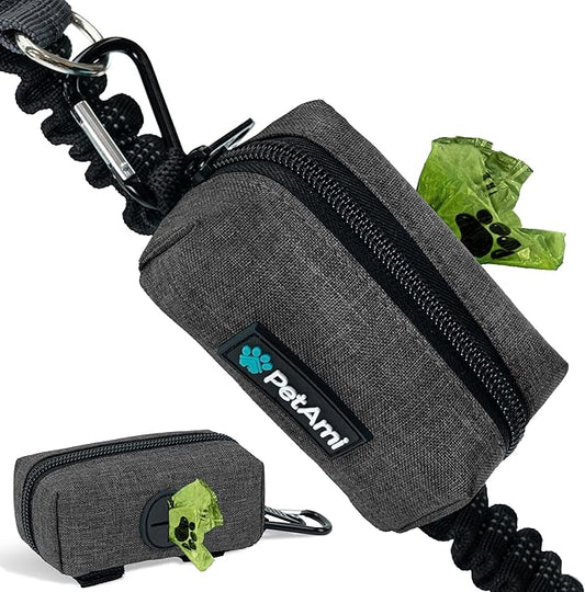 PetAmi Dog Poop Bag Holder & Waste Bag Dispenser with Clip-On Pouch Includes 1 Roll of Pet Waste Bags Portable Dog Walking Accessories for Leash, Belt or Backpack, Gray