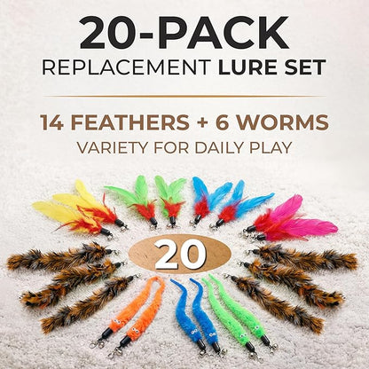 20 pcs Pack Cat Wand Feather Toy Refills with Bells , Natural Feather Replacement for Interactive Teaser Toys, Colorful Wand Attachments, Durable and Safe Cat Toy Accessories for Exercise and Play