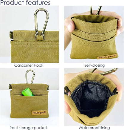 Raisingwell Dog Treat Pouch, Brown Pocket Sized Pet Training Pouch, Cotton Fabric, Hand Free Dog Walking Bag with Carabiner, Self-Closing Pet Feed Snack Reward, for Puppy Travel or Outdoor Use