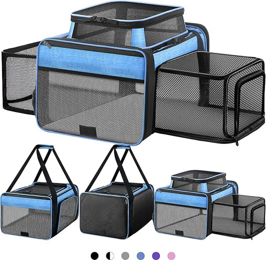 Top and 2 Sides Expandable Pet Carrier 17x11x9.5, TSA Airline Approved Small Dog Carriers for Small Dogs, Soft-Sided Cat Carrier with Self-Locking Zippers for Kitten,Rabbit, Puppy, Guinea Pig Blue