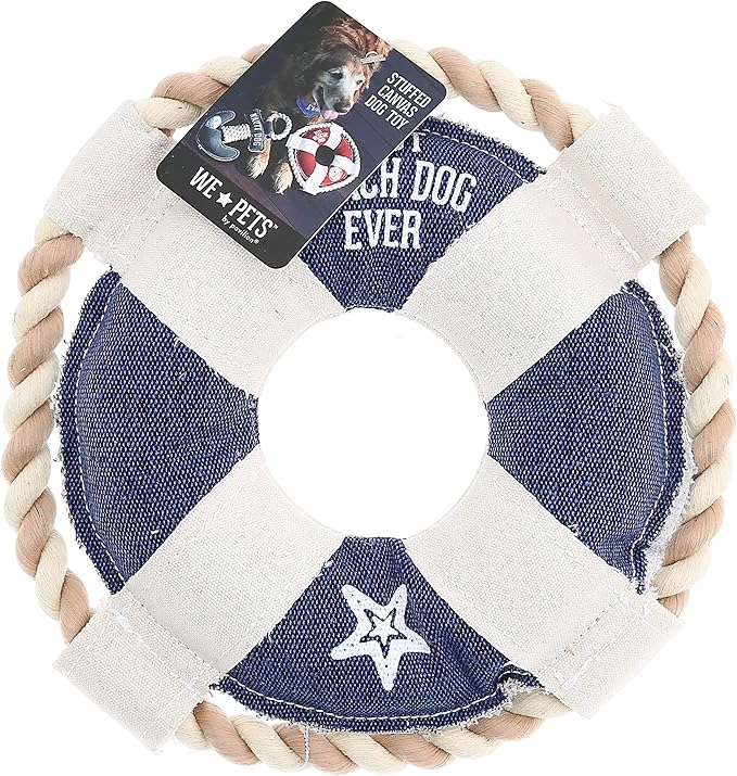 10" x 10" x 2" Blue Life Save Shape Best Beach Dog Ever Tug of War Rope Handle Sturdy Dog Toy, Dogs for Medium- Large Breeds