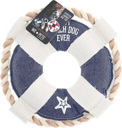 10" x 10" x 2" Blue Life Save Shape Best Beach Dog Ever Tug of War Rope Handle Sturdy Dog Toy, Dogs for Medium- Large Breeds