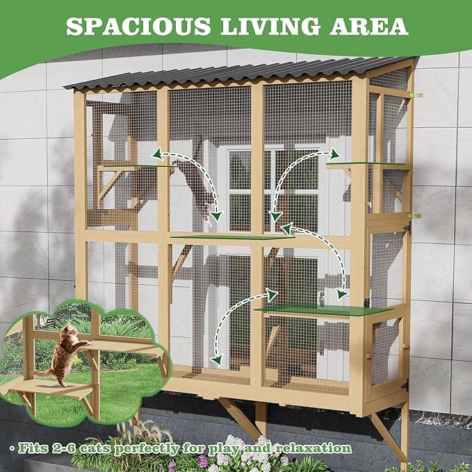 Catio Outdoor Cat Enclosure Window Perch, Expandable Cat Window Box for Multiple Indoor Cats w/4 Platforms & 4 Doors, Patio Kitten House for Sunbathing Overlooking Tunnel Connection (Burlywood)