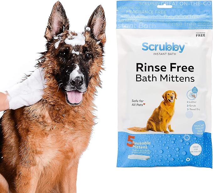 No Rinse Pet Wipes | Rinse Free Shampoo Mittens | Dogs & Cats | Bath Wipes - Bathing & Washing Pets, Hypoallergenic | No Rinse Wash Mitt | Grooming, Lather Wipe Dry - Pack of 10