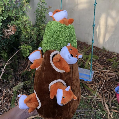 Fox in Tree Hide and Seek Dog Toy for Small and Medium Size Dogs, Plush Fox Inside Trunk Dog Toy with Squeaker, Interactive Burrow Dog Toy (Tree with Fox, Large)