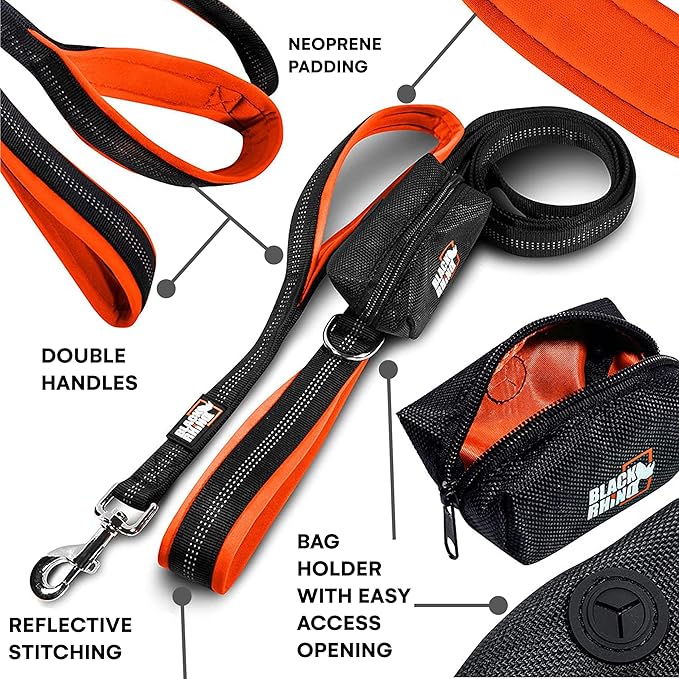 Black Rhino Heavy Duty Dog Leash for Medium and Large Dogs - 6 ft Long Double Handle Leash with Padded Traffic Control Handles and Bag - Reflective, Durable, and Weather Resistant (Orange)