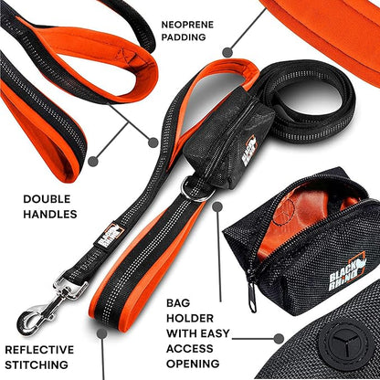 Black Rhino Heavy Duty Dog Leash for Medium and Large Dogs - 6 ft Long Double Handle Leash with Padded Traffic Control Handles and Bag - Reflective, Durable, and Weather Resistant (Orange)