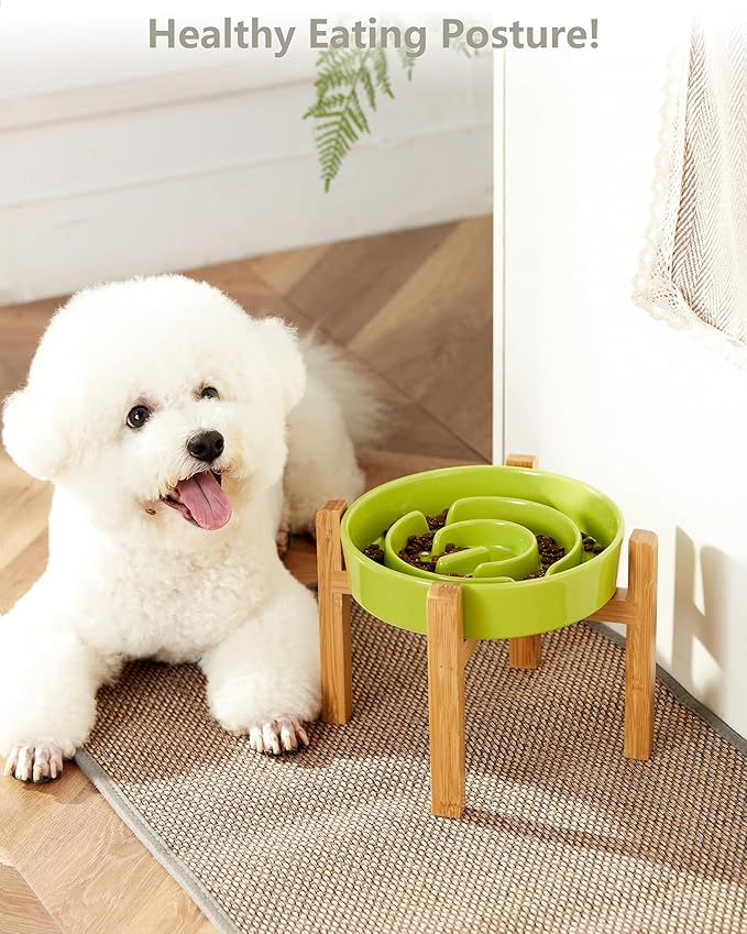 Ceramic Slow Feeder Dog Bowls Elevated, 2.0 Cups Slow Feeder for Medium Dogs, Puzzle Maze Bowl to Slow Down Eating, 30oz, 8in, Green