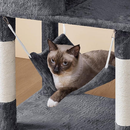 Yaheetech 64.5in Extra Large Cat Tree with 2 Perches, 2 Condos, 5 Scratching Posts, Funny Hammock & Basket & Dangling Balls, Multi-Level Cat Tower for Indoor Felines, Dark Gray