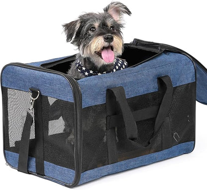 Dog Carrier Soft Sided, Large Cat Carrier with Inner Safety Leash, Pet Transport Carrier for Large Cats and Medium Dogs up to 20 Lbs, Collapsible Travel Puppy Carrier Bag -Blue L
