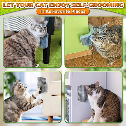 Cat Corner Scratcher – Cat Self Groomer for Indoor Cats – Wall Brush with Face Scratchers and Catnip | Easy to Install, Soft Massage, Fur Remover, Grooming Tool Also Works as Hand Comb for Cats
