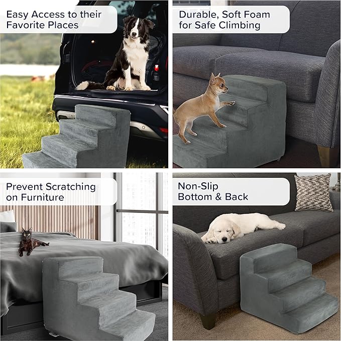 Dog Stairs for Small Dogs - 4-Step Dog Steps for High Bed and Couch - Pet Stairs with Nonslip Bottom, High-Density Foam, and Removable Washable Cover - Cat and Dog Furniture by PETMAKER (Gray)