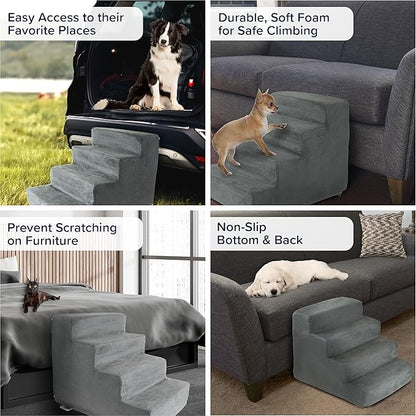Dog Stairs for Small Dogs - 4-Step Dog Steps for High Bed and Couch - Pet Stairs with Nonslip Bottom, High-Density Foam, and Removable Washable Cover - Cat and Dog Furniture by PETMAKER (Gray)