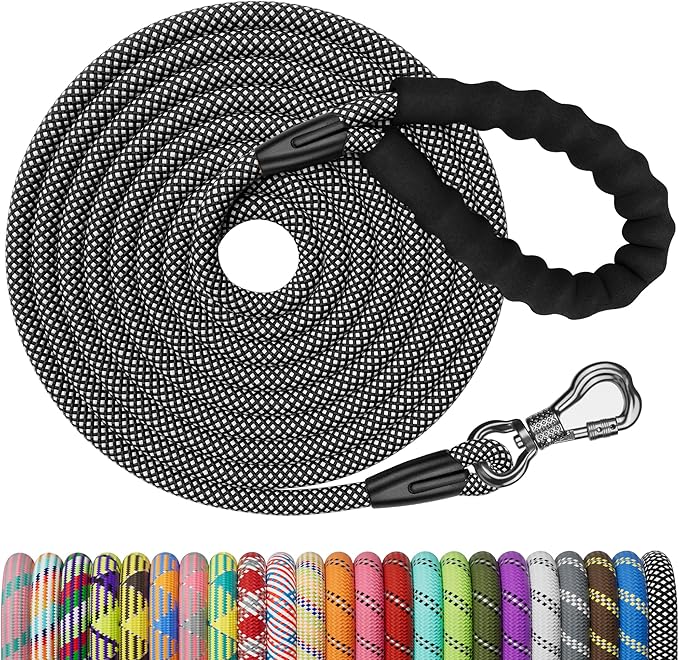 NTR 30FT Puppy Leash, Nylon Rope Long Dog Leash with Swivel Lockable Hook and Comfortable Padded Handle, Dog Line Tether for Small Medium Large Dogs Training, Playing, Camping, or Backyard