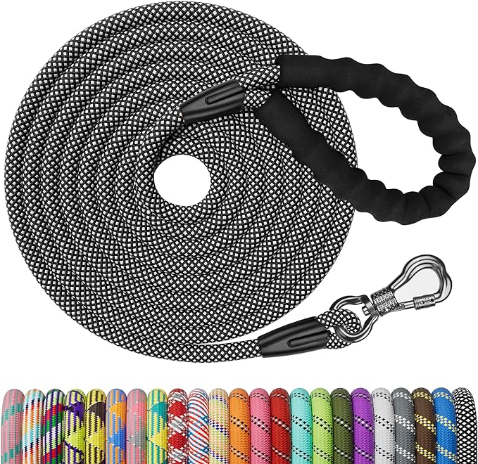 NTR 50FT Long Dog Leash - Black Rope with Swivel Lockable Hook and Comfortable Padded Handle - Dog Training Leash for Walking, Hunting, Camping, Backyard - Suitable for Small, Medium, and Large Dogs