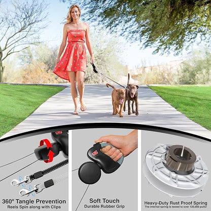WIGZI - 2025 Enhanced Edition - Dual (2) Dog Retractable Leash, Auto-Untangles, Supports Up to 50lb Dogs, 10ft Distance Each Dog, Color-Coded Control, Reflective Leads, Waterproof (Black)