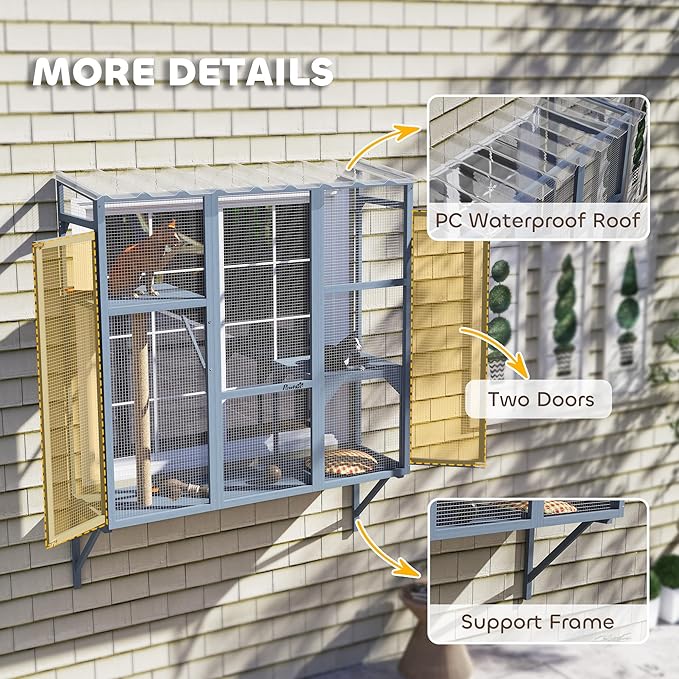 PawHut Outdoor Catio, Cat Window Catio Box Enclosure for 2-3 Large Indoor Cats with 2 Jumping Platforms, Scratching Post, for Playing, Sunbathing, Napping, Cat Window Perch for Enjoying Sights, Gray