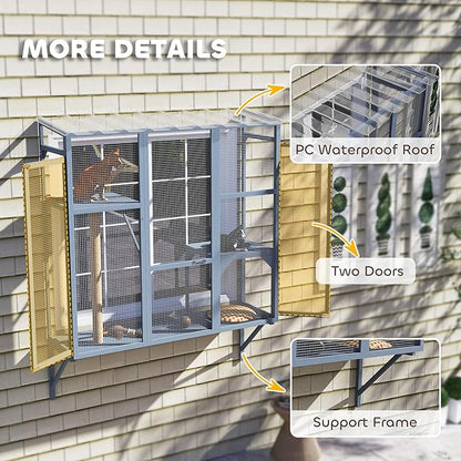 PawHut Outdoor Catio, Cat Window Catio Box Enclosure for 2-3 Large Indoor Cats with 2 Jumping Platforms, Scratching Post, for Playing, Sunbathing, Napping, Cat Window Perch for Enjoying Sights, Gray