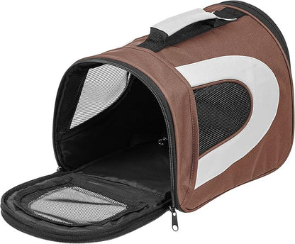 IRIS USA Small Soft Sided Pet Carrier with Shoulder Strap, Sturdy Collapsible Water Resistant Pet Carrier with Padded Bottom and Top Handle for Travel, Brown