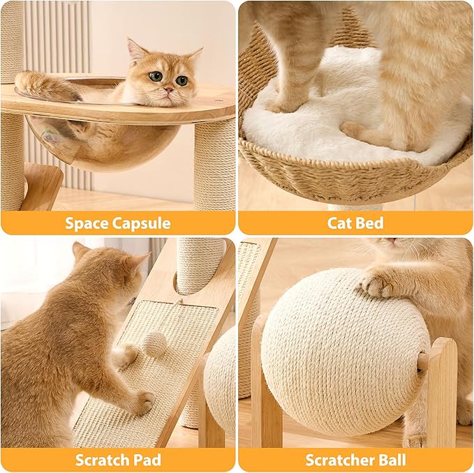 HITTITE Solid Wood Cat Tree Tower with Scratching Post, 36.6 Inches Tall Cat Towers with Scratching Board and Scratcher Ball, Modern Cat Tower With Space Capsule and Hand-Woven Basket for Indoor Cats.