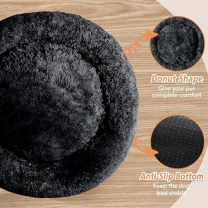 JOLLYVOGUE Calming Dog Beds Large Sized Dog, 36in Donut Washable Large Pet Bed, Anti-Slip & Anti-Anxiety Fluffy Faux Fur Round Dogs Bed, Fits up to 80 lbs Pets (Black)