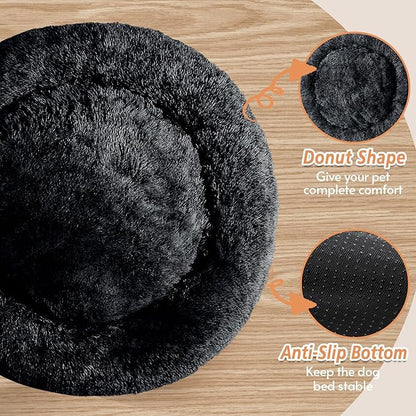 JOLLYVOGUE Calming Dog Beds Large Sized Dog, 36in Donut Washable Large Pet Bed, Anti-Slip & Anti-Anxiety Fluffy Faux Fur Round Dogs Bed, Fits up to 80 lbs Pets (Black)