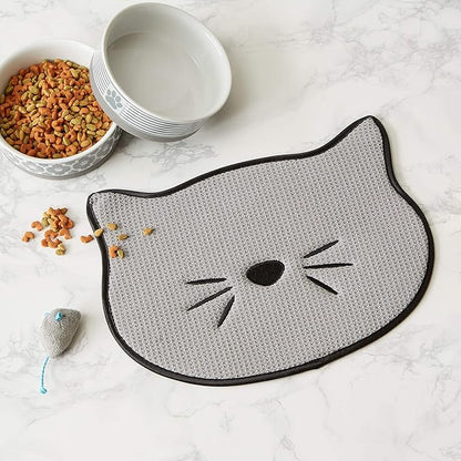 Bone Dry Embroidered Microfiber Cat Shape Pet Food & Water Placemat-Gray