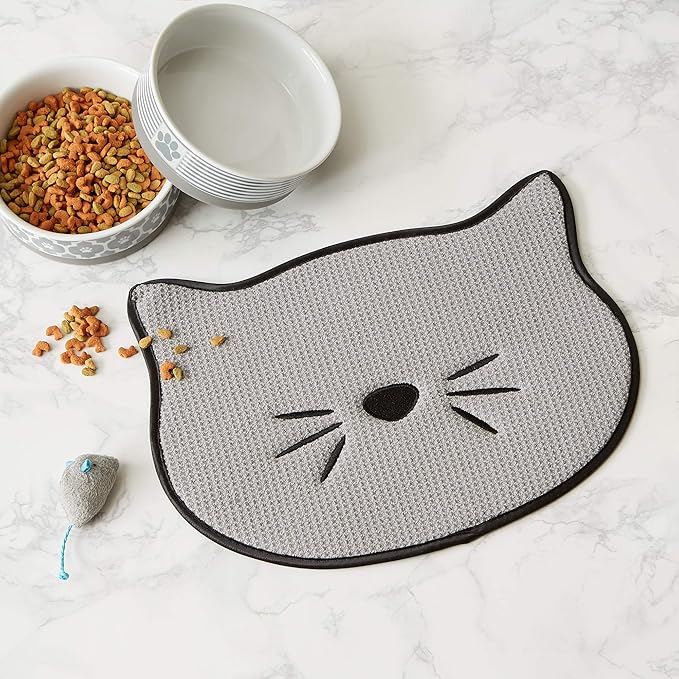 Bone Dry Embroidered Microfiber Cat Shape Pet Food & Water Placemat-Gray (Pack of 2)