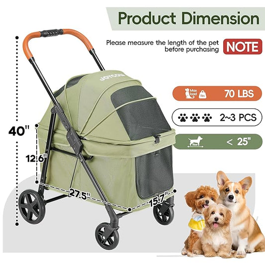 Dog Stroller for 2 Small Dogs or 1 Medium Pet, Low-Entry Design with Anti-Jump-Out, 600D Oxford Fabric, Up to 70 lbs, Green