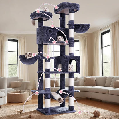 Tall Cat Tree, Large Cat Tower for Adult Cats, 80.7'' (205cm) Heavy-Duty Cat Tree House for Indoor Cats 20 lbs+ with Scratching Posts, 2 Top Perches/Condos, Hammcok, Smoky Gray GCT034G