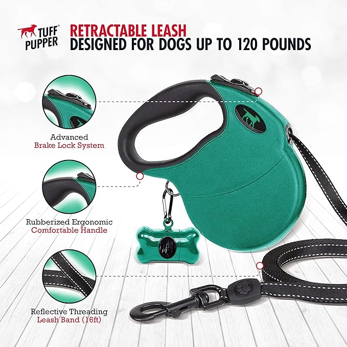 Tuff Pupper Heavy Duty Retractable Dog Leash | 16 ft Dog Leash with Reflective Stitching for Nighttime Safety | One Button Lock and Release | Comfortable Hand Grip | for Dogs Up to 120 lbs