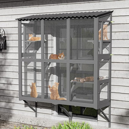 Large Catio Cat Window Box, Outdoor Cats Window Perch Enclosure for Indoor Cats with 4 Jump Platforms & 4 Doors, Kitten Cat Patio House Connected with Tunnels, All Weather Use (Gray)