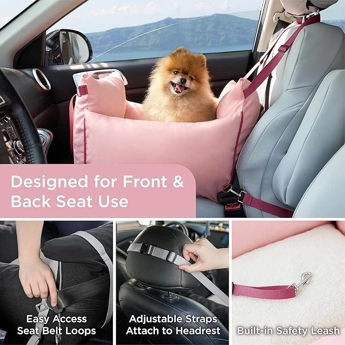 Lesure Small Dog Car Seat for Small Dogs - Soft Dog Booster Seat for Car with Storage Pocket and Clip-On Safety Leash and Thickened Memory Foam Filling, Pet Travel Carrier Bed Strawberry Cream