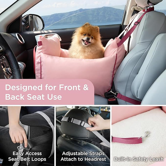 Lesure Small Dog Car Seat for Small Dogs - Soft Dog Booster Seat for Car with Storage Pocket and Clip-On Safety Leash and Thickened Memory Foam Filling, Pet Travel Carrier Bed Strawberry Cream