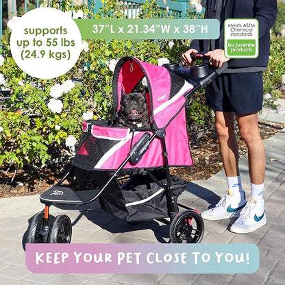 Petique Revolutionary Durable Pet Stroller, Easy Fold, Quality mesh Windows, Large Storage Basket, Secure Cup Holder Tray, Small/Medium Dogs, Cats and Pets, Supports up to 55LBS - Supernova (Pink)