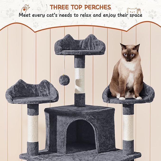 Yaheetech 76.5in Multi-Level Large Cat Tree, Big Cat Tower with 3 Condos, Cozy Plush Perches, 9 Sisal Scratching Posts and Ladder, Activity Center for Large Kitties, Dark Gray