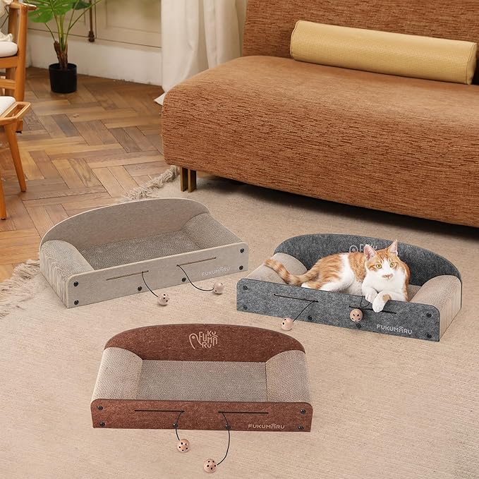 FUKUMARU 26 Inch Large Cat Scratcher Bed, 2 Reversible Cardboard Cat Scratch Pads Refill for Indoor Cats, Durable Cats Scratching Bed Sofa Couch Lounger with Fun Toys, Furniture Protector, Grey
