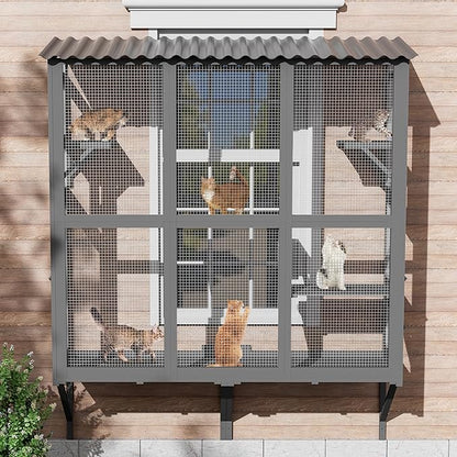 Large Catio Cat Window Box, Outdoor Cats Window Perch Enclosure for Indoor Cats with 4 Jump Platforms & 4 Doors, Kitten Cat Patio House Connected with Tunnels, All Weather Use (Gray)
