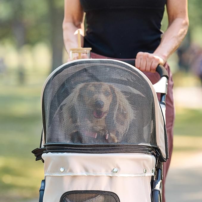 Carlson Pet Products Stroller, Includes 360 Degree Front Wheel Swivel, Rear Wheel Breaks, Reflective Trim, Mesh Panels, Umbrella and Mesh Canopy, Khaki